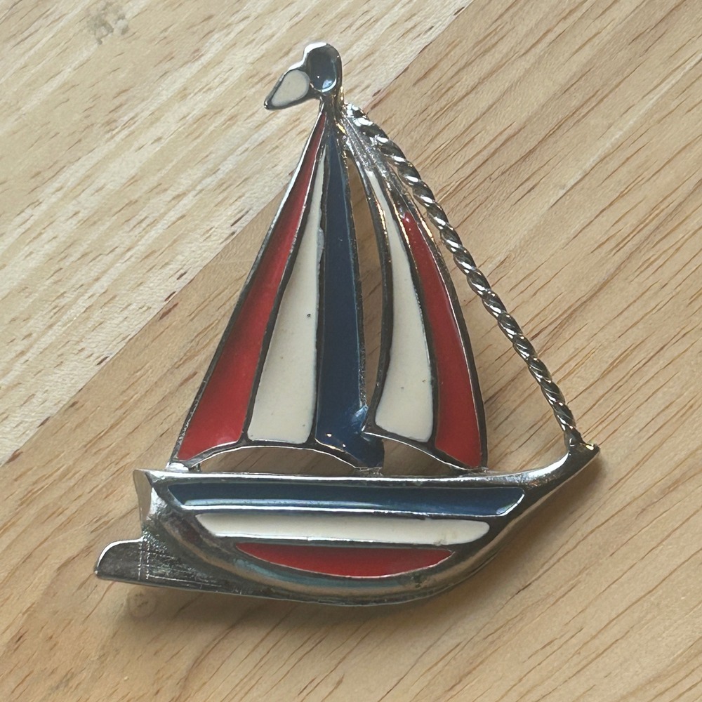 Vintage Nautical Sailboat Brooch Red White Blue Enamel Silver Tone Yacht Pin